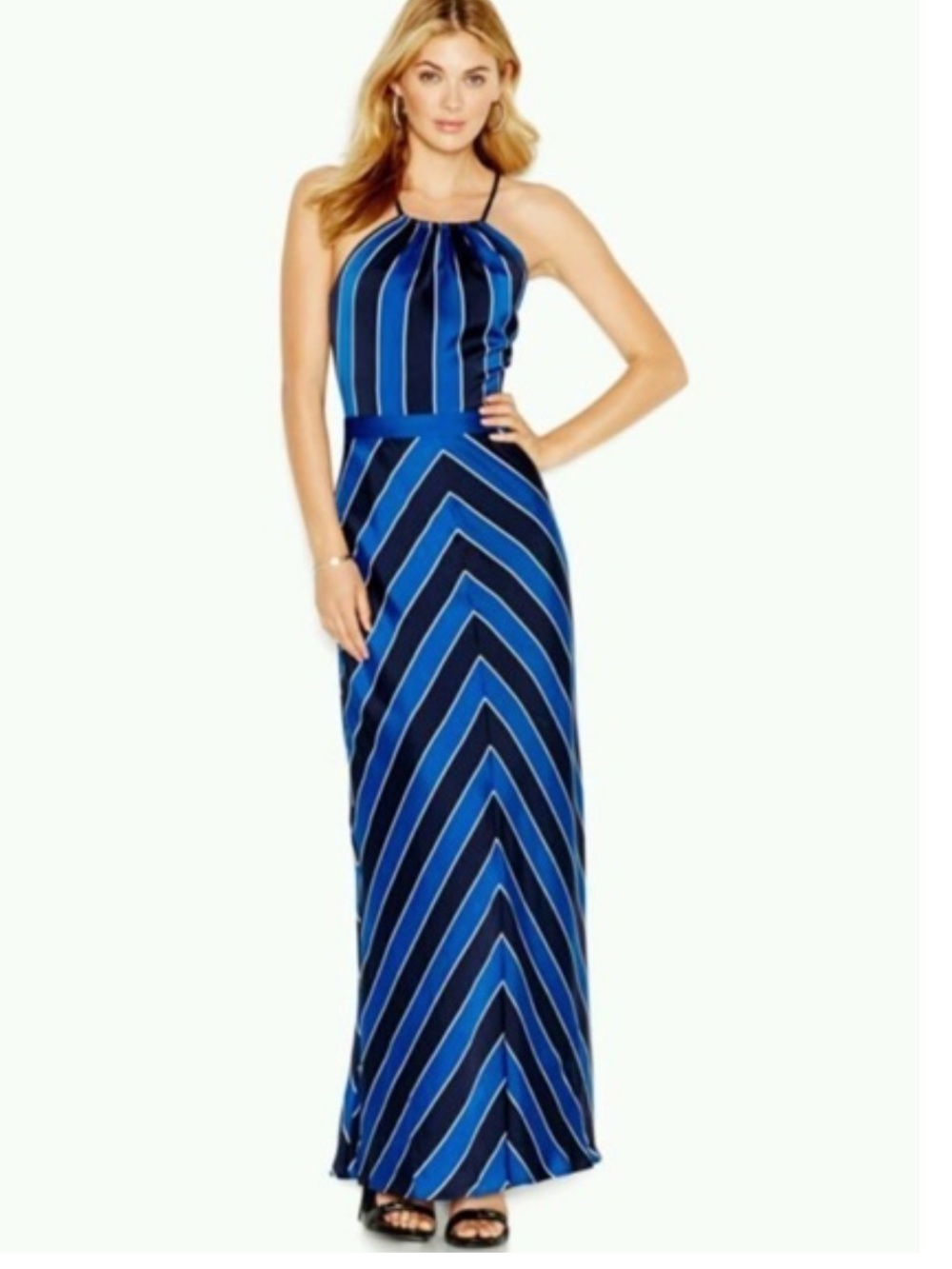 Guess Blue and Black Halter-Striped Maxi Dress